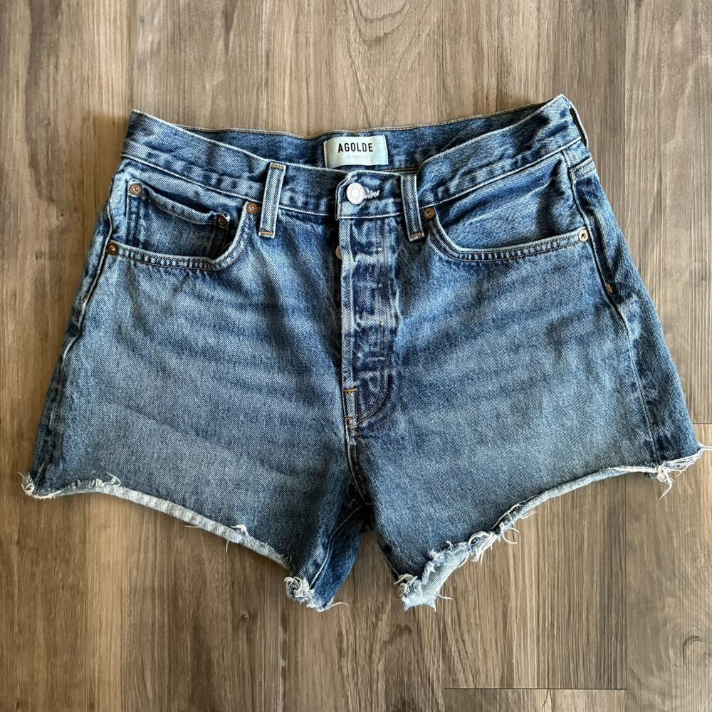 AGOLDE Parker Long High Rise Denim Shorts Women's Size 27 Blue